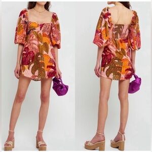 Kourtney Robbie Dress, Eyelit Tropical Floral Print Puff Sleeved Mini Dress